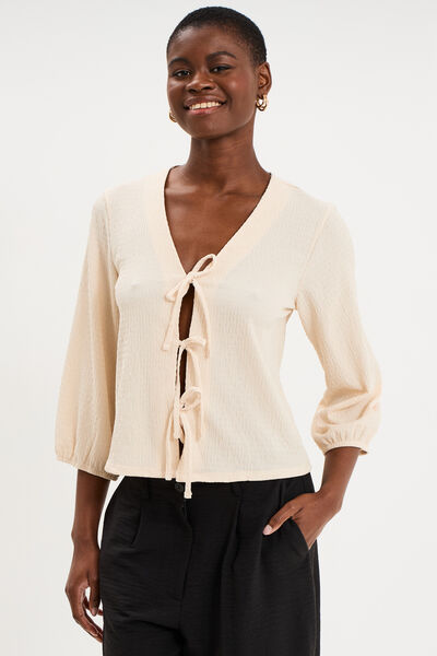 Blouse nou&eacute;e devant manches 3/4 sable femme