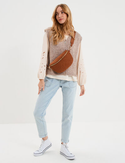 Blouse manches brod&eacute;es ajour&eacute;es coton beige femme