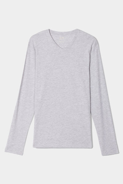 T-shirt col en V manches longues coton gris homme