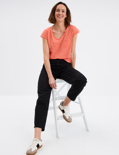 T-shirt col v poche poitrine Creeks rose corail femme