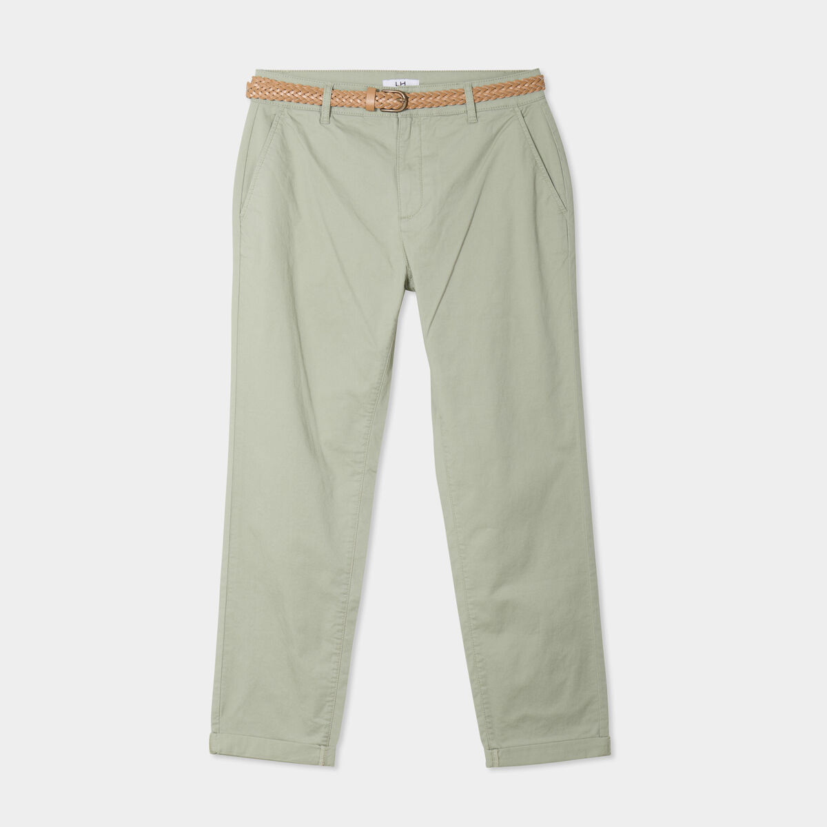 Pantalon chino 7/8&egrave;me ceinture tress&eacute;e vert kaki femme