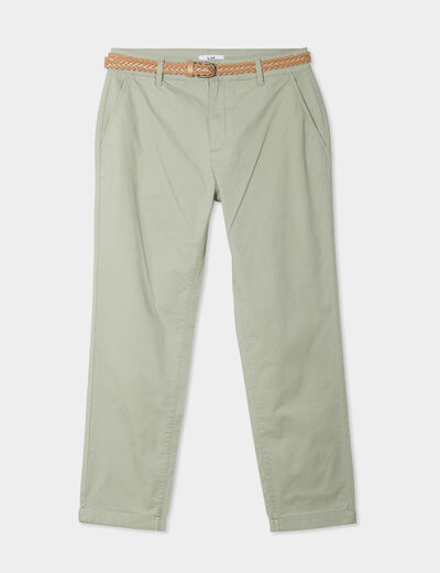 Pantalon chino 7/8&egrave;me ceinture tress&eacute;e vert kaki femme