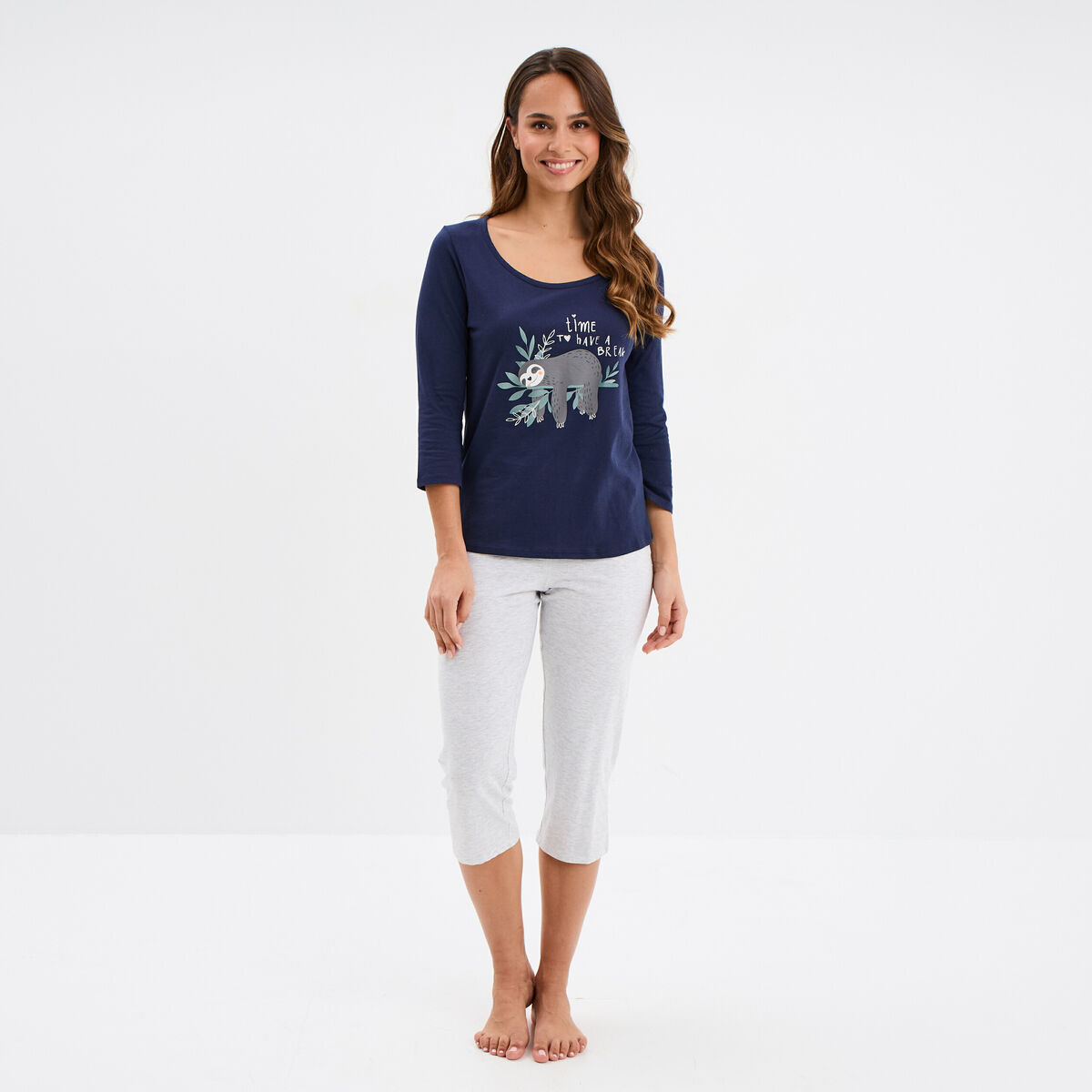 Ensemble pyjama corsaire 2 pièces coton bleu marine femme