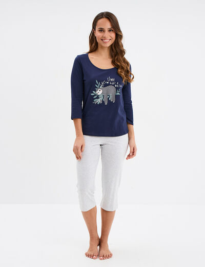 Ensemble pyjama corsaire 2 pièces coton bleu marine femme