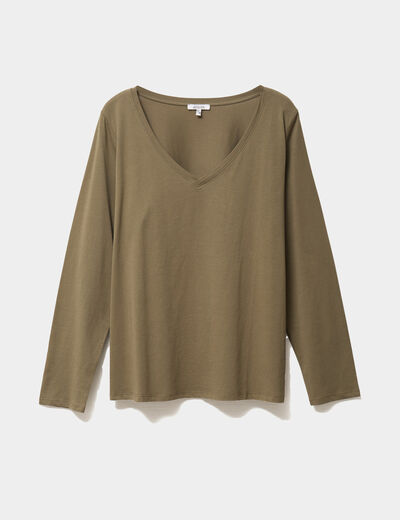 T-shirt col en V manches longues coton vert kaki femme grande taille