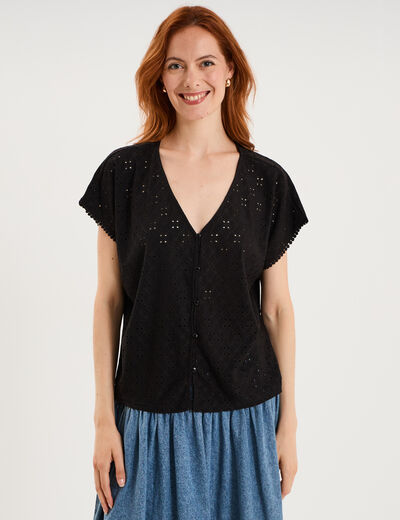 T-shirt dentelle avec boutons noir femme