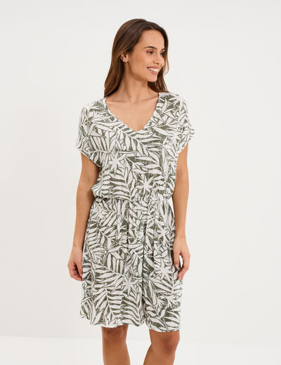 Robe caftant courte col en V vert kaki femme