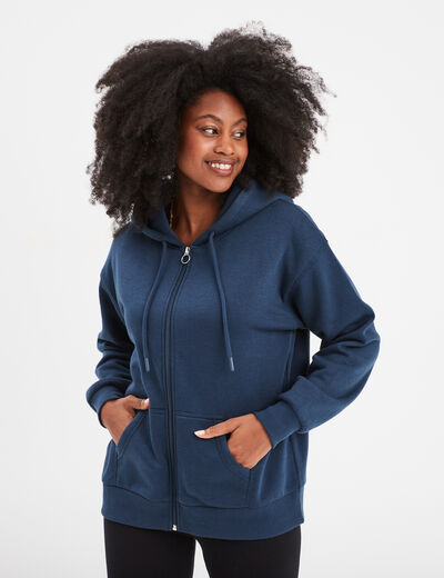 Sweat zippé à capuche bleu marine femme