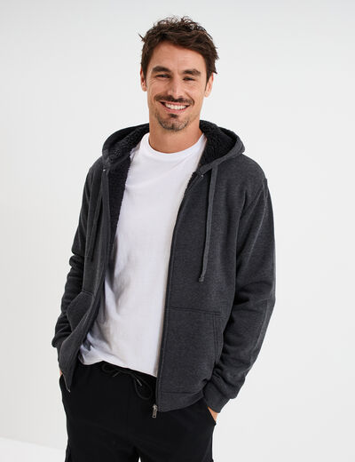 Sweat zippé doublure effet sherpa gris foncé homme