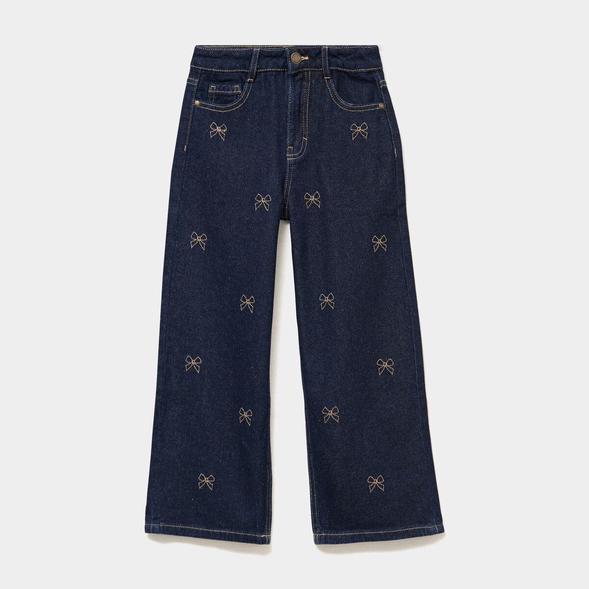 Jean large brod&eacute; noeud coton denim brut fille