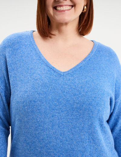 Pull col en V manches longues bleu femme grande taille
