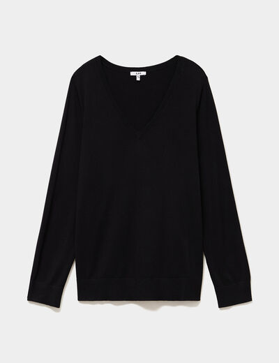 Pull fin col en V manches longues noir femme grande taille