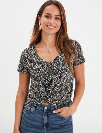 T-shirt taille nouée col en V Liberto noir femme