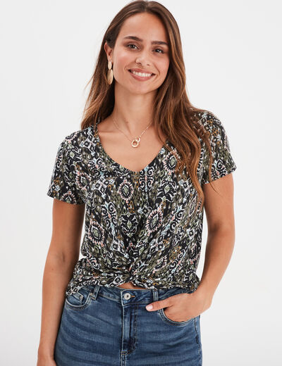 T-shirt taille nouée col en V Liberto noir femme