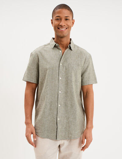 Chemise manches courtes lin m&eacute;lang&eacute; vert kaki homme