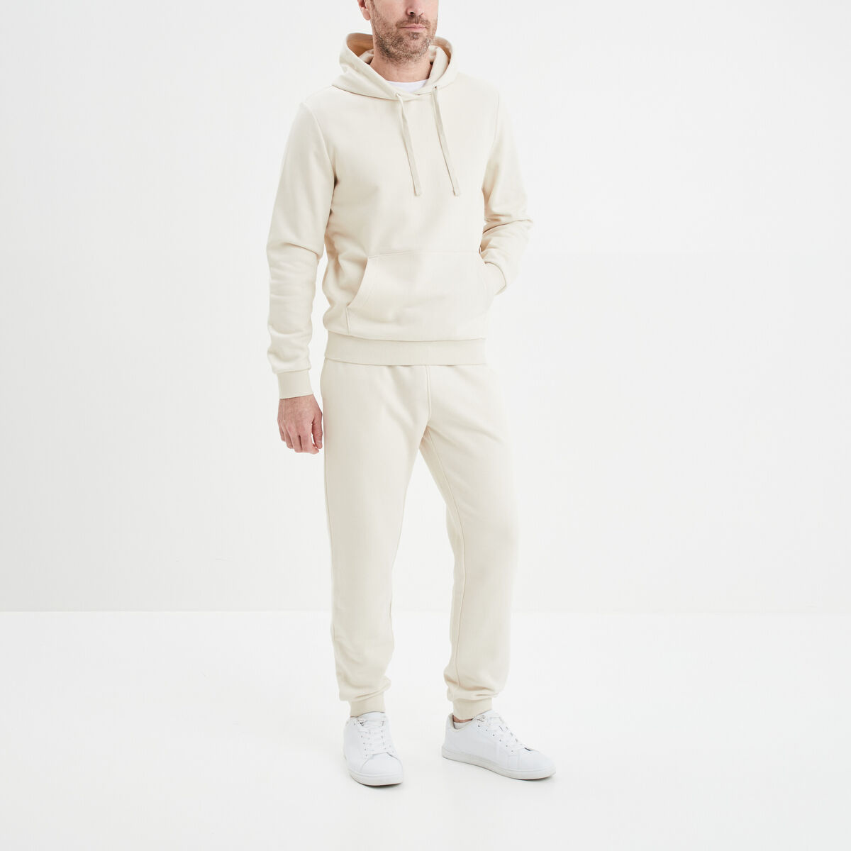 Sweat molleton &agrave; capuche hoodie ecru homme