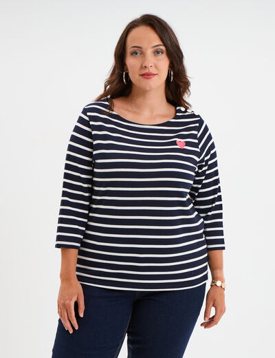 T-shirt col rond manches 3/4 coton noir femme grande taille