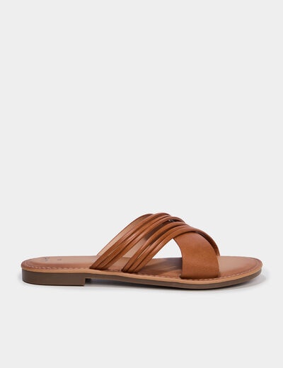 Mules plates avec brides crois&eacute;es marron femme