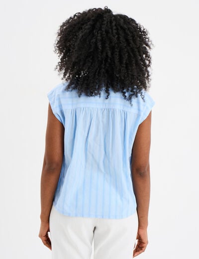 Blouse sans manches col tunisien coton bleu ciel femme