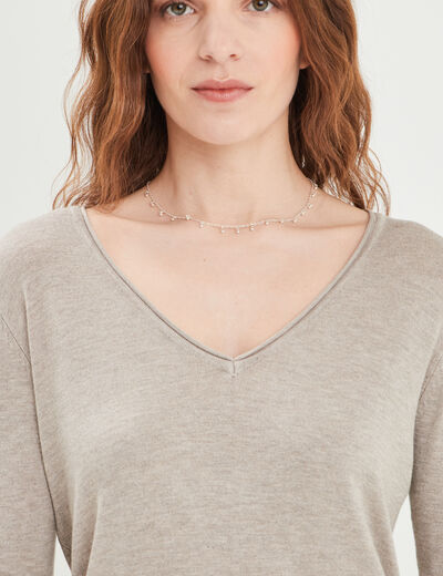 Pull ajusté avec col en V beige femme