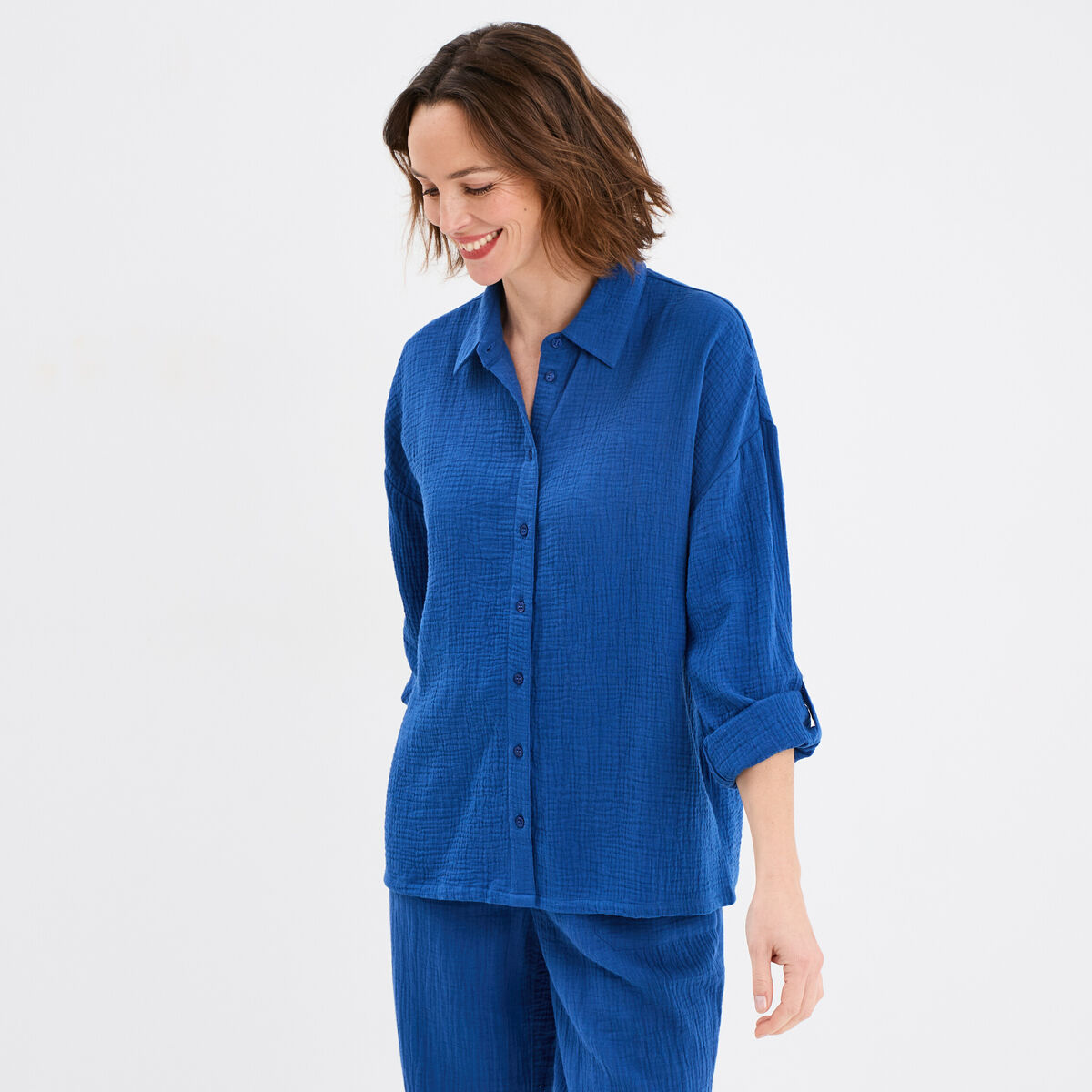 Chemise manches longues en gaze de coton bleu marine femme