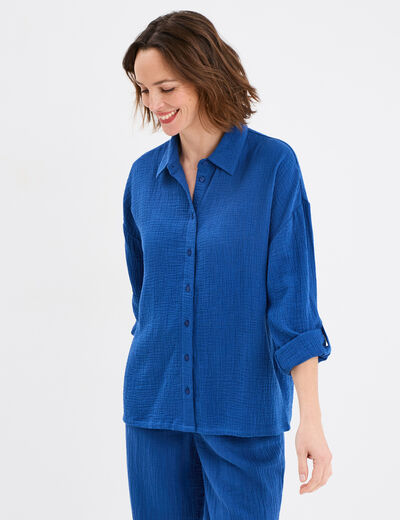 Chemise manches longues en gaze de coton bleu marine femme