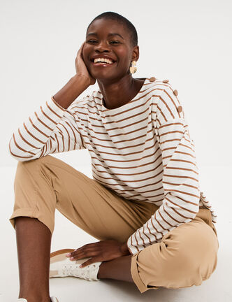 T-shirt marini&egrave;re col rond avec boutons ecru femme