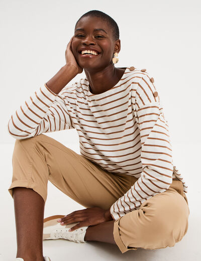 T-shirt marini&egrave;re col rond avec boutons ecru femme