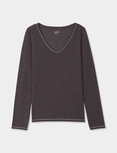 T-shirt manches longues col en V coton gris fonc&eacute; femme