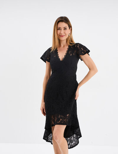 Robe midi col V dentelle et volants noir femme