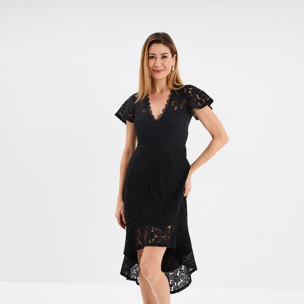 robe midi col v dentelle et volants noir femme Robe midi col V dentelle et volants noir femme