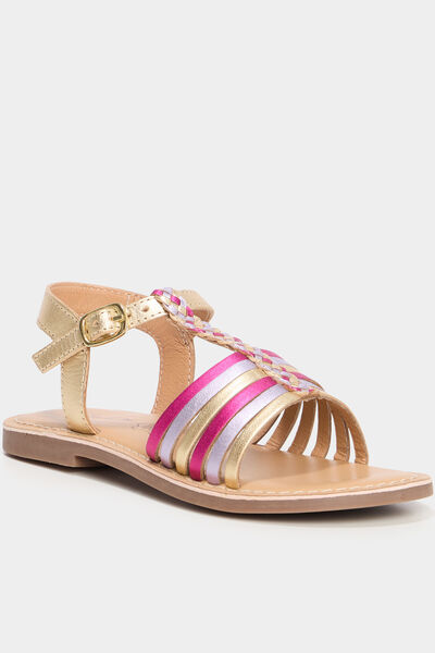 Sandales multibrides tress&eacute;es en cuir multicolore fille