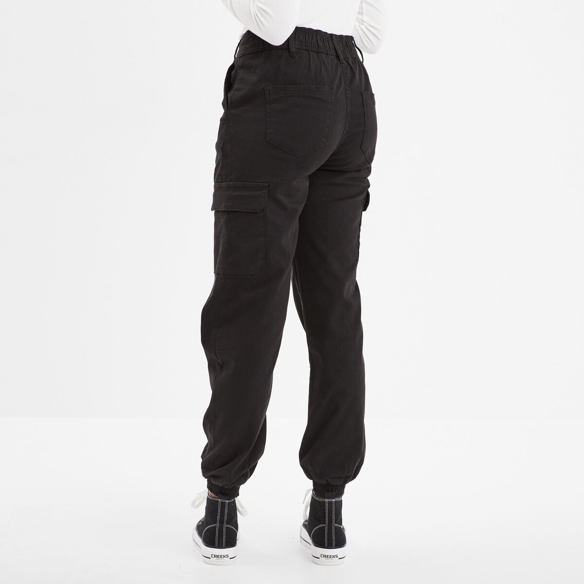Pantalon cargo taille haute ajustable noir femme