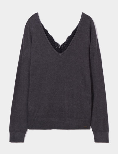 Pull dos en V avec dentelle gris foncé femme