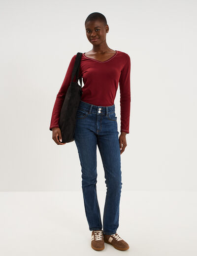 T-shirt manches longues col en V coton bordeaux femme