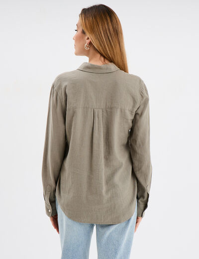 Chemise mélange lin manches longues vert kaki femme