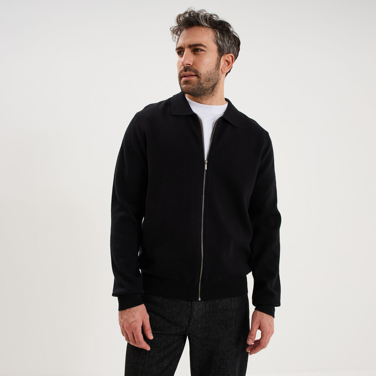 Gilet zipp&eacute; en maille manches longues noir homme