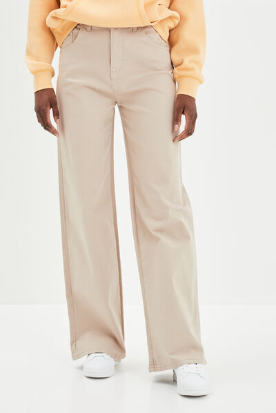 Pantalon large taille haute beige femme