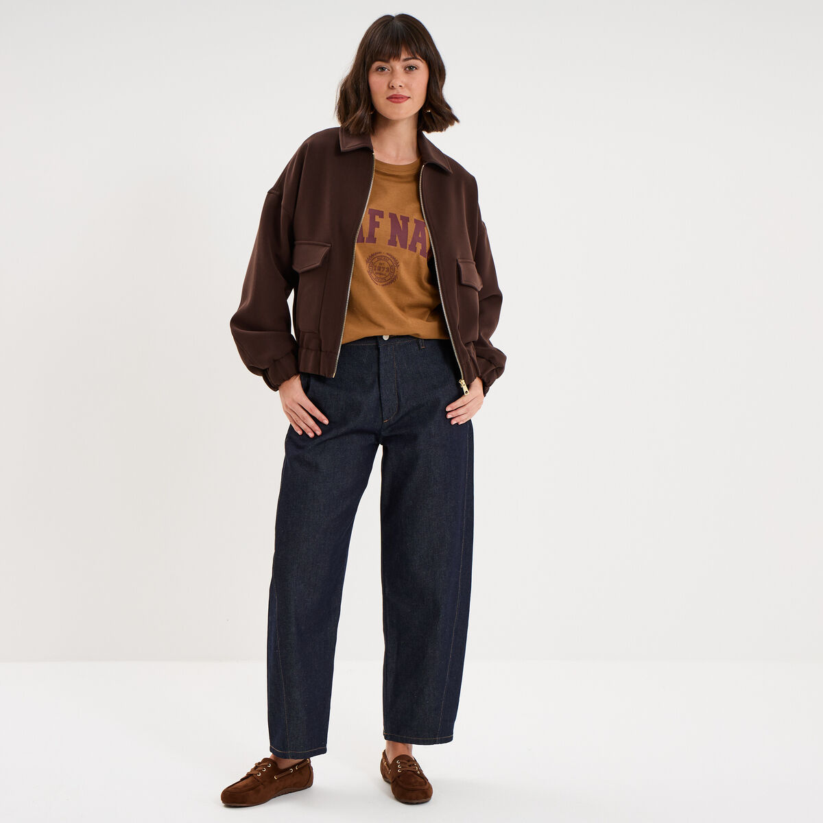 T-shirt col rond manches courtes print marron clair femme