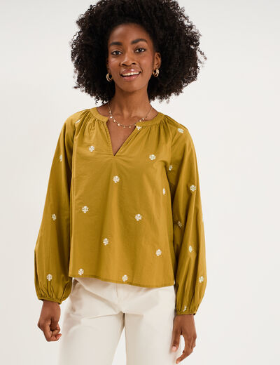 Blouse brod&eacute;e col tunisien coton vert olive femme