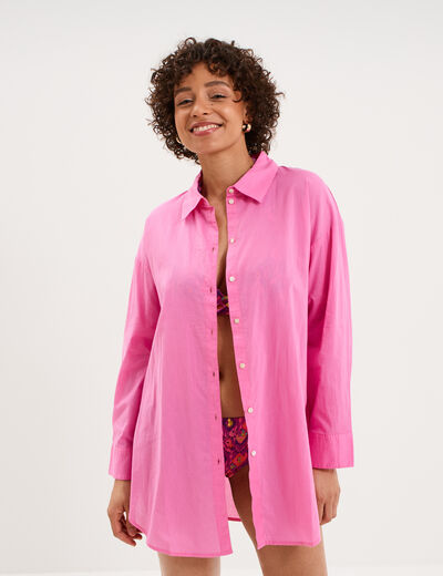Robe chemise de plage voile de coton rose femme