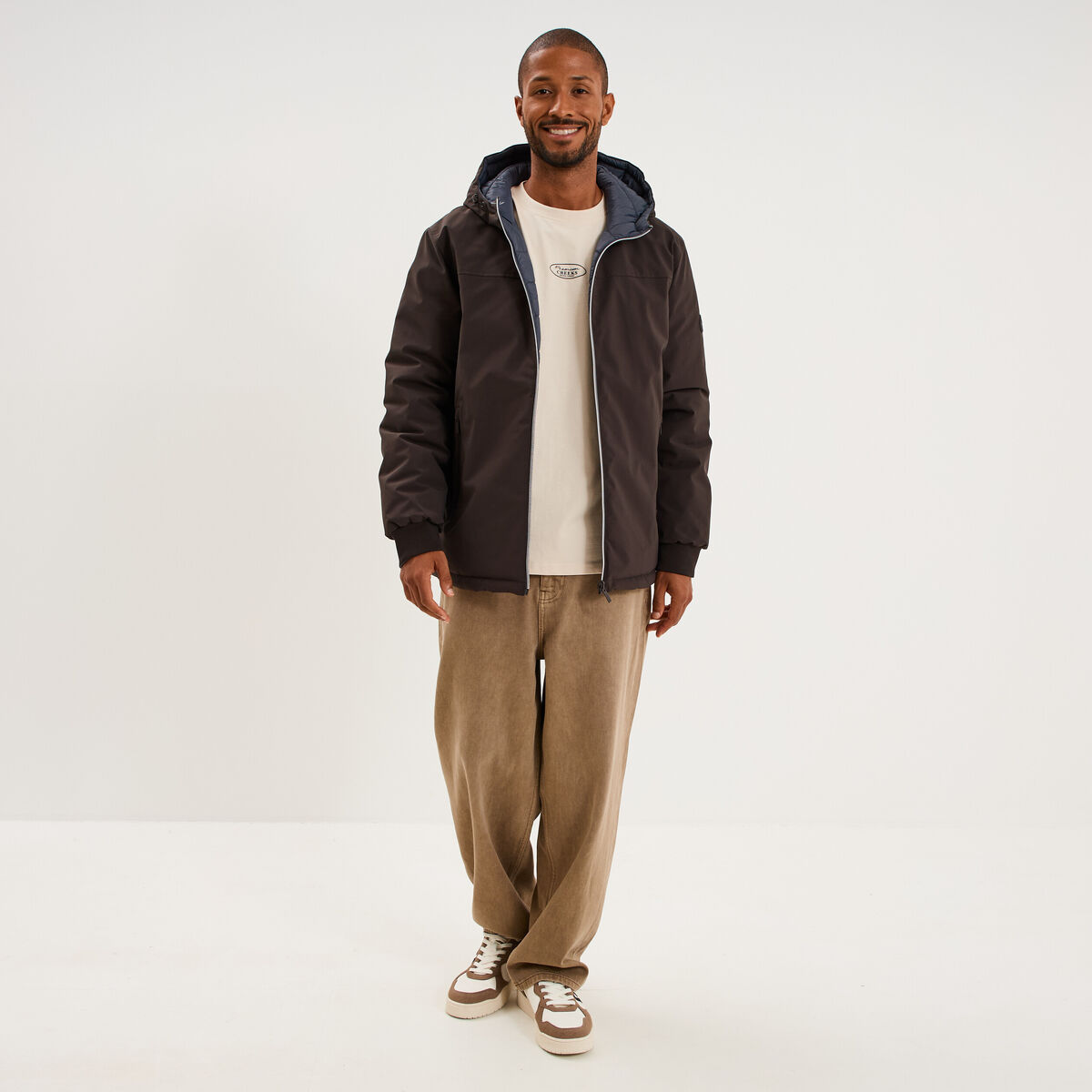 Blouson r&eacute;versible &agrave; capuche zipp&eacute; marron fonc&eacute; homme