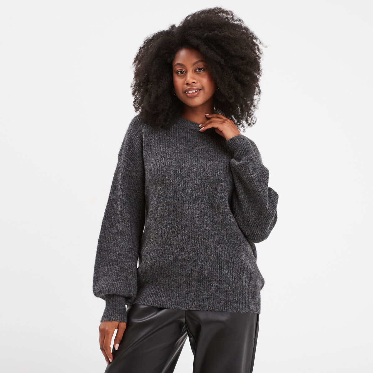 Pull col rond manches ballons gris foncé femme
