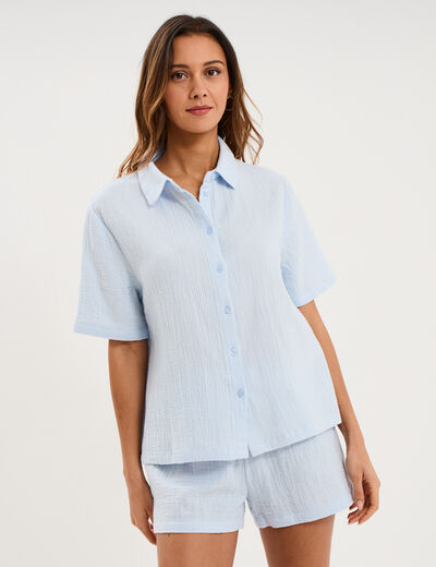 Ensemble pyjama chemise et short coton bleu ciel femme