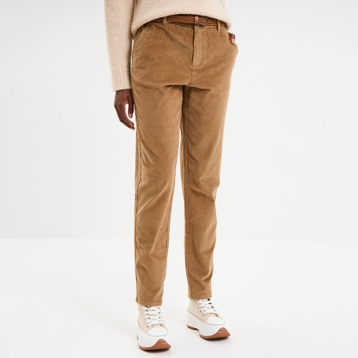 Pantalon chino slim effet velours vert kaki femme