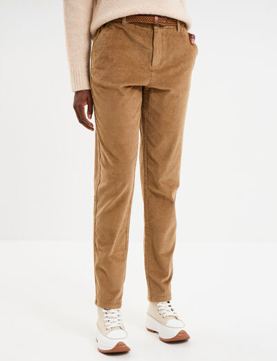 Pantalon chino slim effet velours vert kaki femme