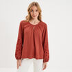 Blouse manches brod&eacute;es ajour&eacute;es coton vieux rose femme