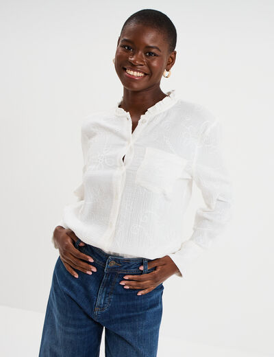 Blouse brod&eacute;e manches longues coton blanc femme