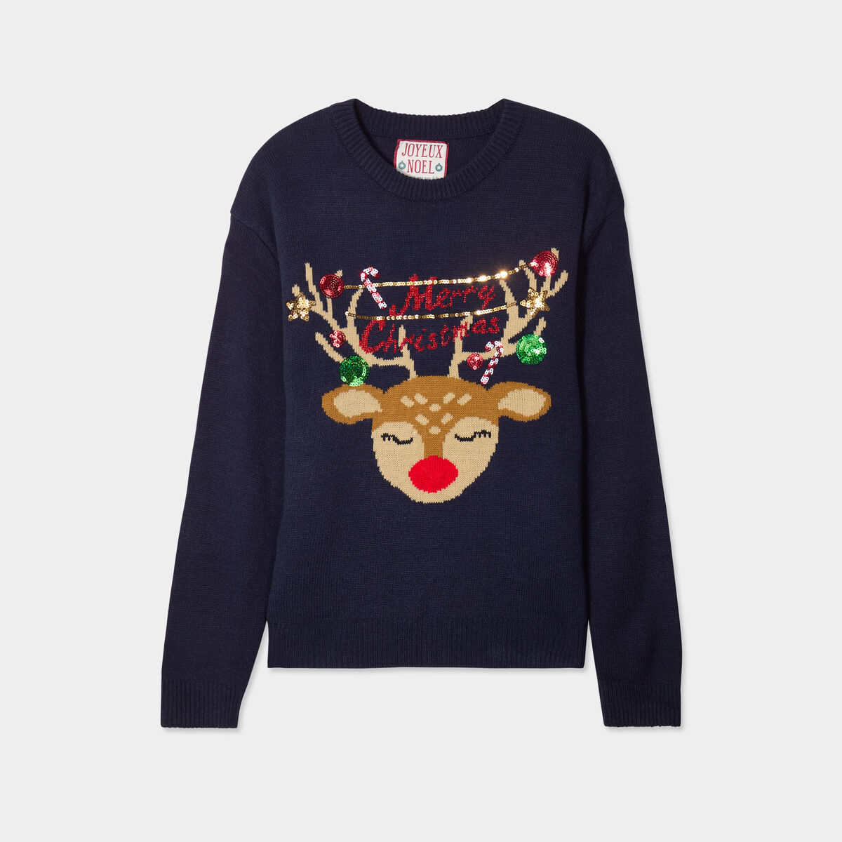 Pull No&euml;l &agrave; sequins col rond lumineux bleu marine femme