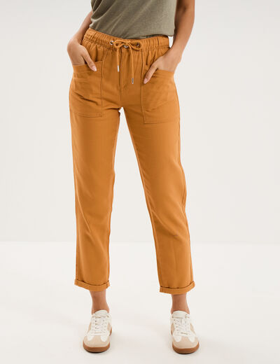Pantalon mom taille &eacute;lastiqu&eacute;e jaune moutarde femme